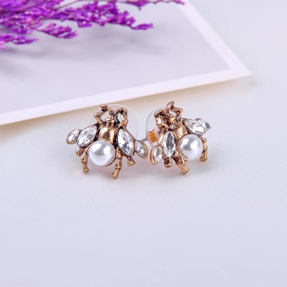 Vintage Gold Insects Drop Pearls Pendant Earrings - Picture 7 of 7